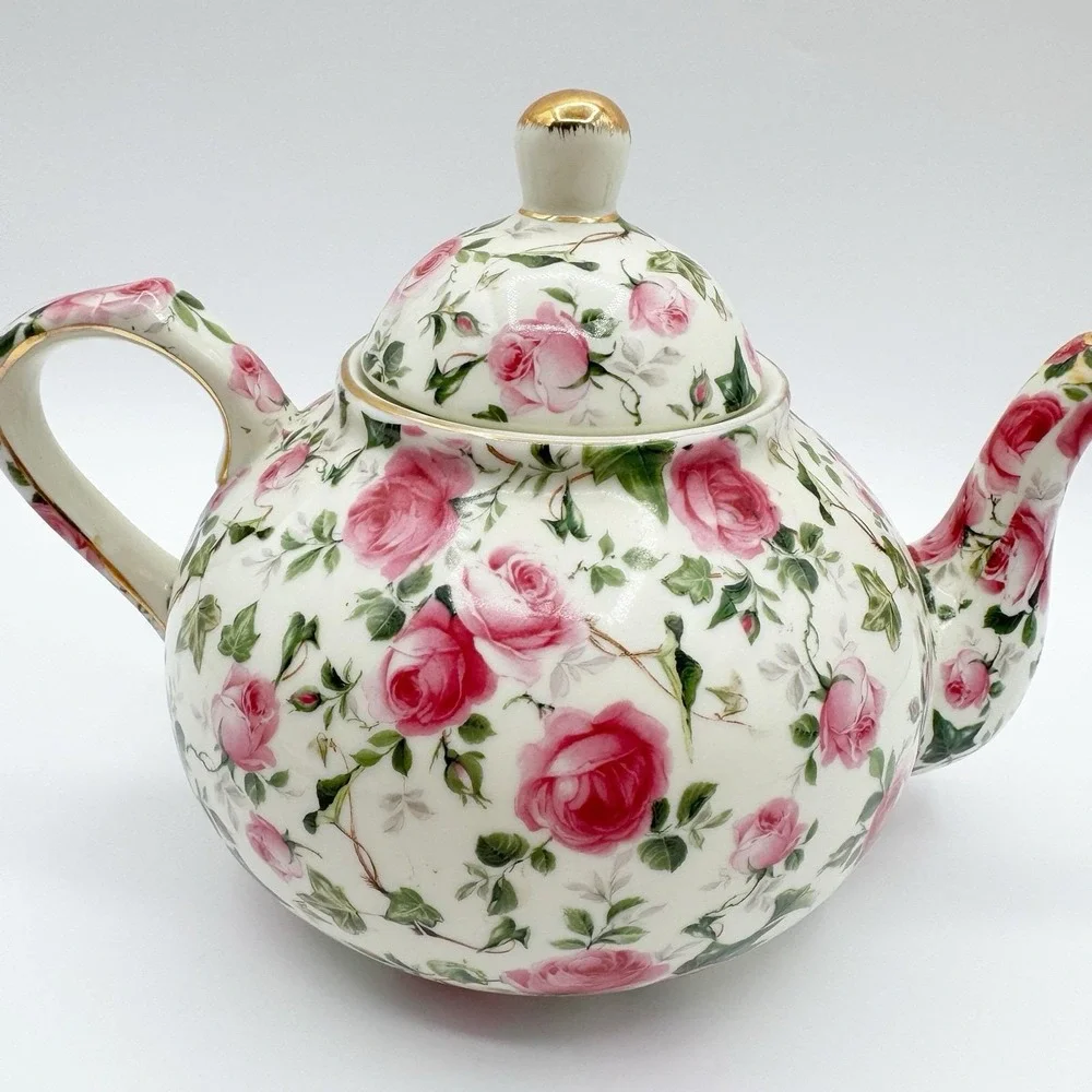 Baum Bros FORMALITIES Tea Pot Victorian Rose Chintz Pink Vtg Ivy Cake Server